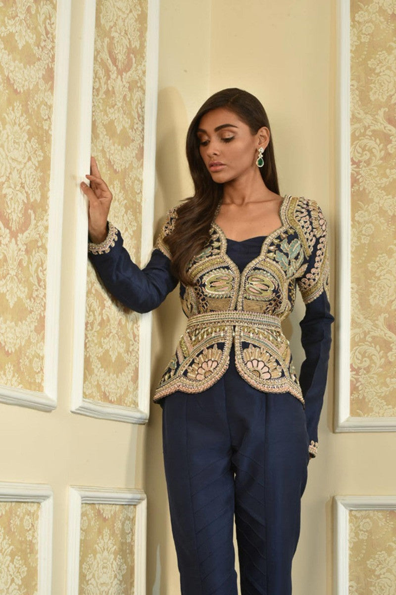 Deep Blue Handwork Jacket Set